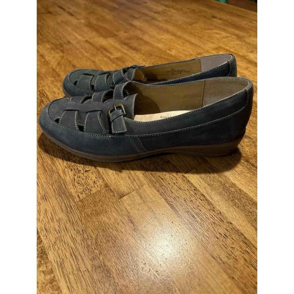 SOFTSPOTS Mary Jane Woven Suede Flats Buckle Blue Cushioned Comfort Size 8.5WW‎